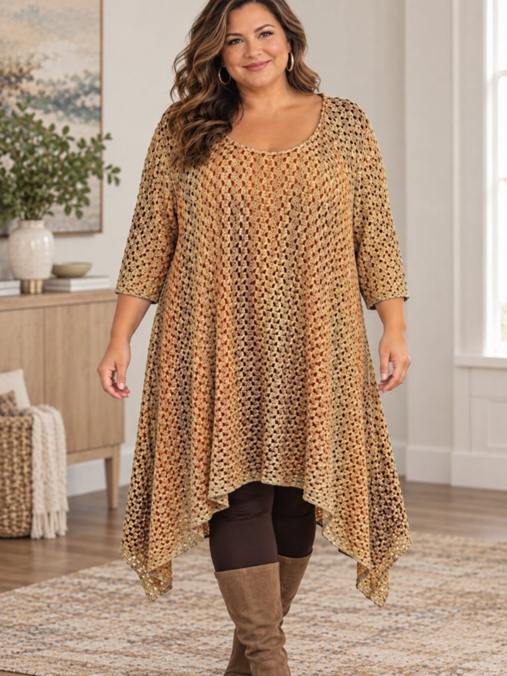 Indigo Soul 3XL Crochet Knit Tunic Dress Asymmetrical Hem Boho Open Weave